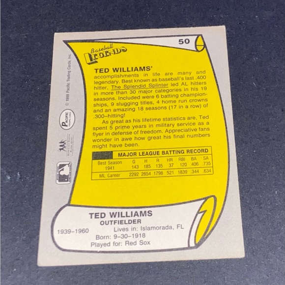Ted Williams card 1988 Pacific Trading - Picture 2 of 2